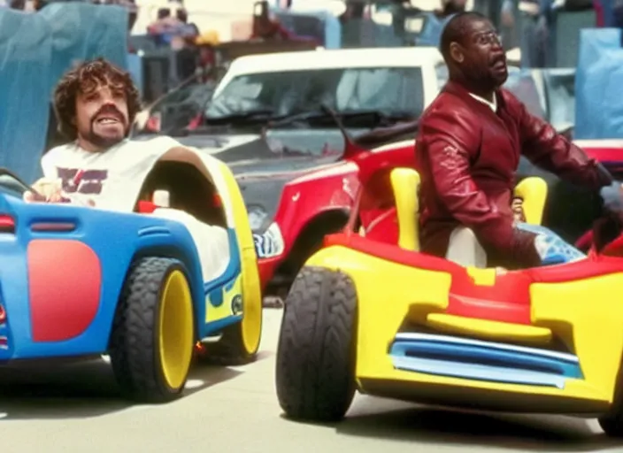 Image similar to peter dinklage racing patrick ewing driving a little tikes cars, movie still, from the new fast and furious movie, 8 k, realistic