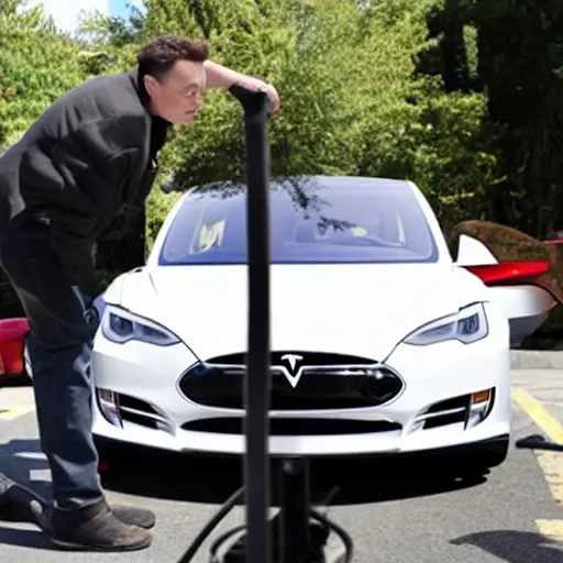 Image similar to elon musk getting shocked by his own Tesla car,