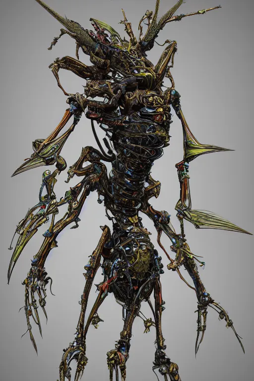 Prompt: hyper-maximalist overdetailed 3d sculpture of a biomechanical insectoid monster by clogtwo and ben ridgway. 8k. Generative art. Fantastic realism. Scifi feel. Extremely Ornated. Intricate and omnious. Tools used: Blender Cinema4d Houdini3d zbrush. Unreal engine 5 Cinematic. Beautifully lit. No background. artstation. Deviantart. CGsociety. Inspired by beastwreckstuff and jimbo phillips. Cosmic horror infused retrofuturist style. Hyperdetailed high resolution Render by binx.ly in discodiffusion. Dreamlike polished render by machine.delusions. Sharp focus.