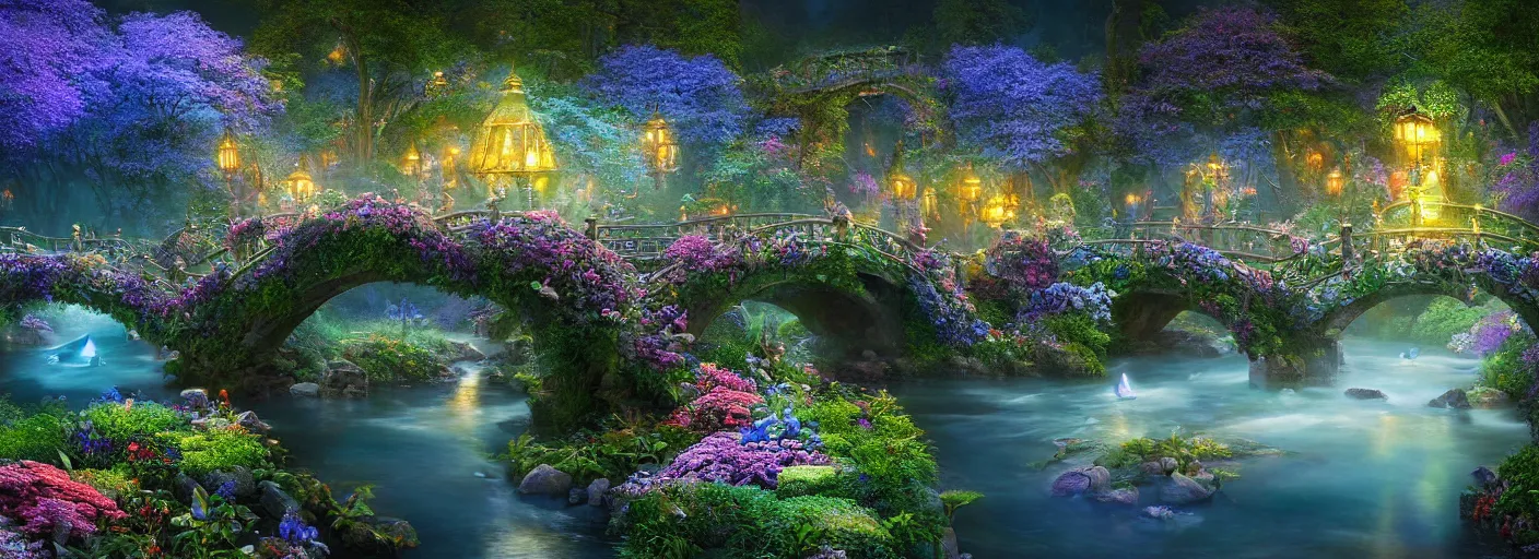 Prompt: photograph of enchanted garden, blue river in the middle, 1 glowing bridge crossing river, mystical fairies swooping around bridge, flowers with intricate detail, by marc adamus, highly detailed, intricate detail, cinematic lighting