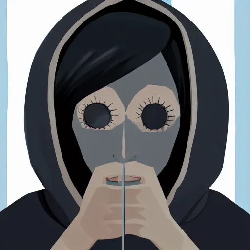 Prompt: an edgy hacker with a black hoodie and black hair covering one eye sitting in front of a computer | text at the bottom saying i'm in