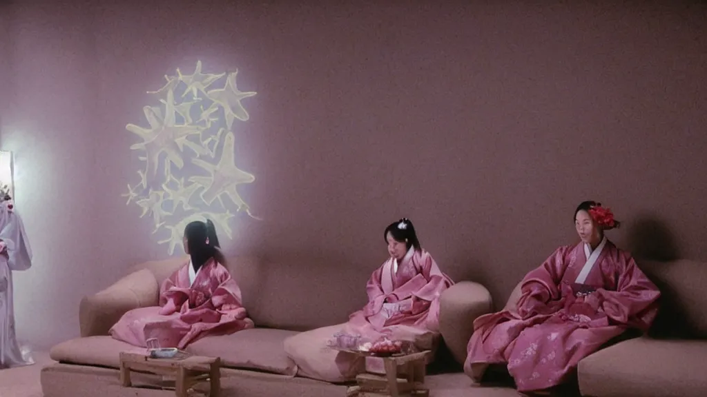 Image similar to shadow of a monstrous starfish is seen behind a woman in hanbok sitting on a couch, traditional korean interior, kaiju - eiga monster movie by denis villeneuve, cinematography by akira kurosawa and ishiro honda