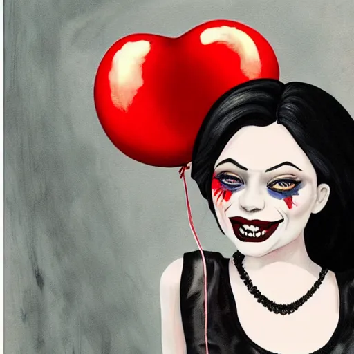 Image similar to grunge cartoon painting of kylie jenner with a wide smile and a red balloon by chris leib, loony toons style, pennywise style, corpse bride style, horror theme, detailed, elegant, intricate