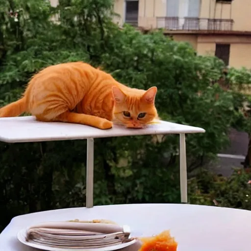 Image similar to fat orange tabby cat eating lasagna on a table, afternoon, by michelangelo neighborhood outside window