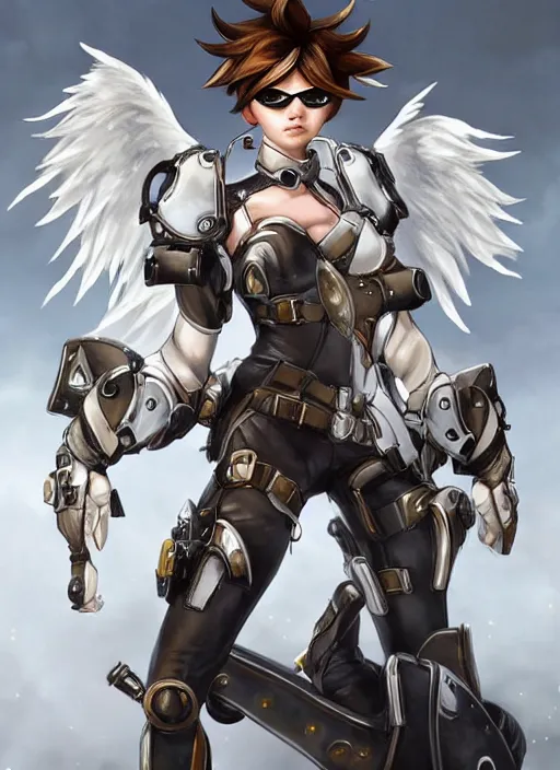 Image similar to full body artwork of tracer overwatch, wearing white steel armor outfit, in style of mark arian, angel wings, dramatic painting, wearing detailed leather collar, ornate highly detailed white shiny armor, chains, black harness, detailed face and eyes,