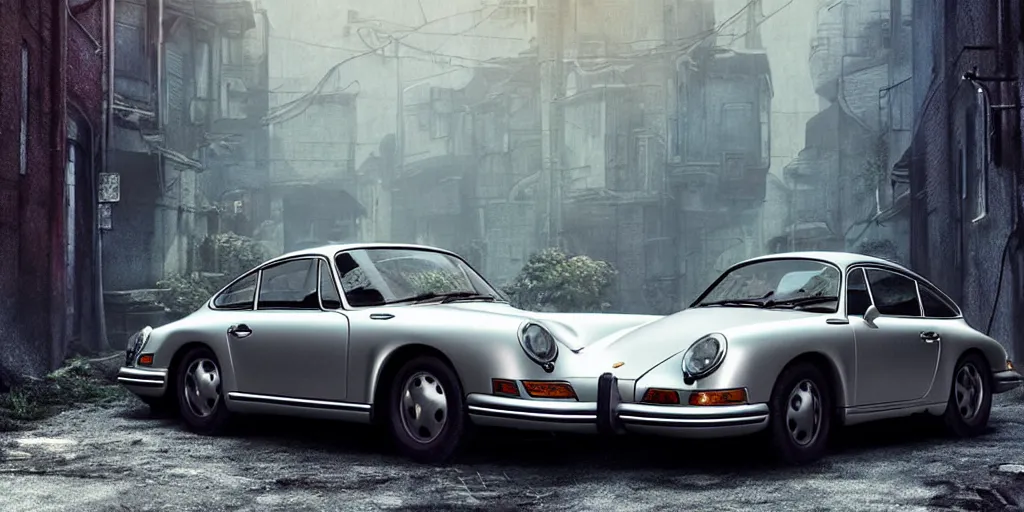 Image similar to a wholesome animation key shot of a focused old silver Porsche car parked in an abandoned alleyway, medium shot, waist up, studio Ghibli, Pixar and Disney animation, sharp, very detailed, high resolution, Rendered in Unreal Engine 5, anime key art by Greg Rutkowski, Bloom, dramatic lighting