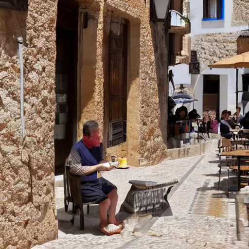 Prompt: a roman drinking a coffee in alhaurin de la torre in spain