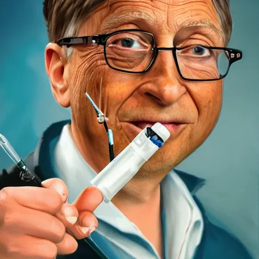 Prompt: an oilpainting of in the foreground a syringe in focus, in the background slightly out of focus a terrified Bill Gates, trending on artstation, hyper realistic