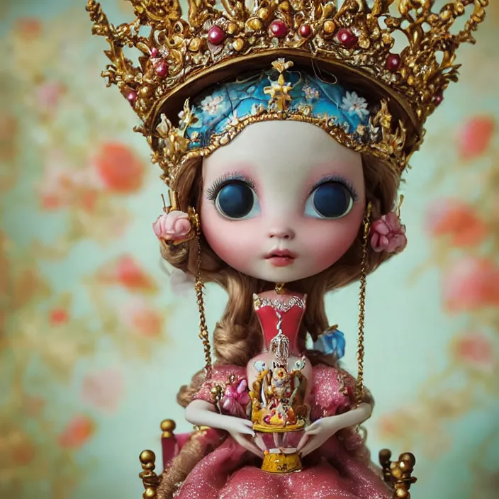 Image similar to closeup portrait of tin toy fairytale princess sitting on a throne wearing a crown eating cakes, depth of field, zeiss lens, detailed, symmetrical, centered, fashion photoshoot, by nicoletta ceccoli, mark ryden, lostfish, breathtaking, 8 k resolution, extremely detailed, beautiful, establishing shot, artistic, hyperrealistic, octane render