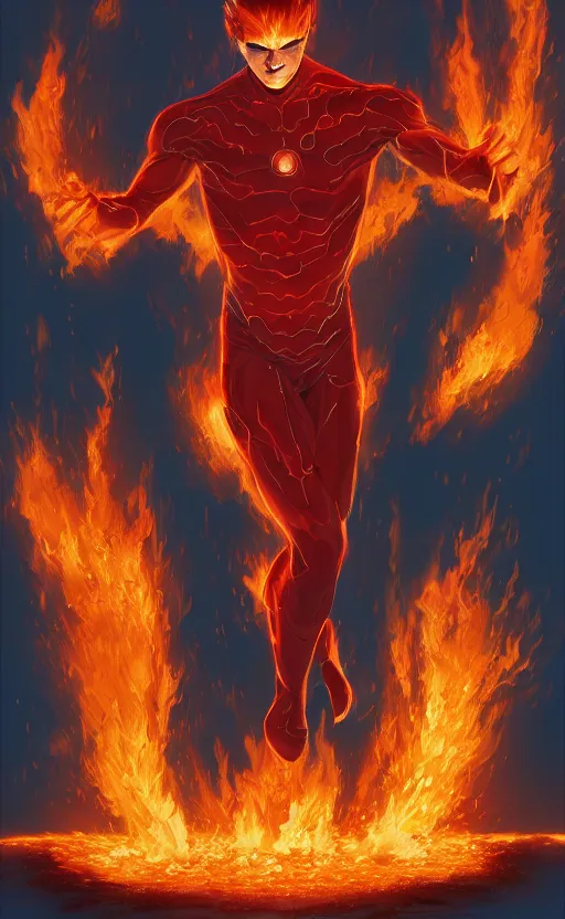 Image similar to human torch, highly detailed, digital painting, artstation, standing, flames around body, facing forward, concept art, smooth, sharp focus, illustration, art by arthur adams and ross tran, in the style of krenz cushart and ilya kuvshinov, oil on canvas, high definition digital art, 8k, volumetric lighting