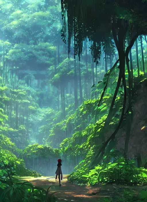 Image similar to a lost city deep in the jungle, overgrown with vines and trees by makoto shinkai, anime, stylistic