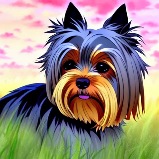 Prompt: anime art full body portrait character concept art, anime key visual of elegant yorkshire terrier, finely detailed perfect face delicate features directed gaze, laying down in the grass at sunset in a valley, trending on pixiv fanbox, studio ghibli, extremely high quality artwork