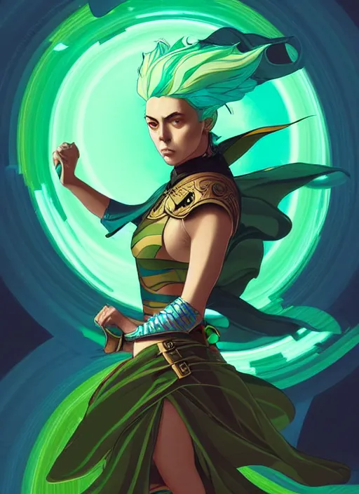 Image similar to style artgerm, joshua middleton, illustration, aubrey plaza as a warrior monk wearing green pelt light armor, blue hair, swirling water cosmos, fantasy, dnd, cinematic lighting