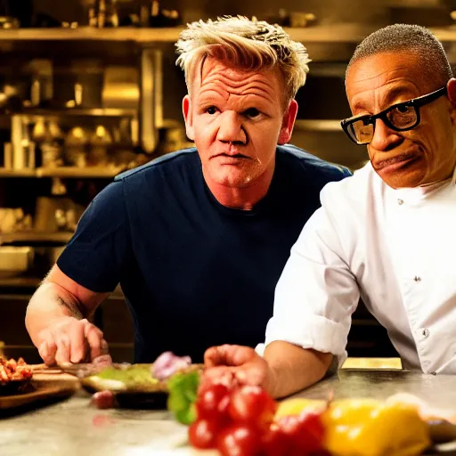 Image similar to Gordon Ramsay cooks for Gus Fring, 4k image, highly detailed