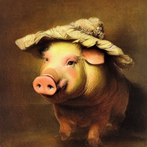 Prompt: a handsome pig painted by rembrandt