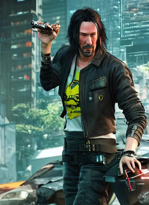 Prompt: wake up samurai, solarpunk, lots of plants, gardening, permaculture, keanu reeves as johnny silverhand, cyberpunk 2 0 7 7, anarchy, realistic, ultra detailed, face enhance