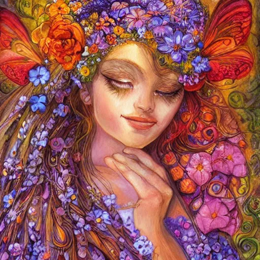 Image similar to a painting of a a woman with flowers in her hair, a storybook illustration by josephine wall, watercolor, deviantart, metaphysical painting, storybook illustration, detailed painting, whimsical, psychedelic art