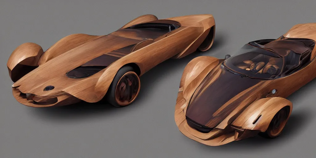 Image similar to wooden car design, design sheet, Moebius, Greg Rutkowski, Zabrocki, Karlkka, Jayison Devadas, Phuoc Quan, trending on Artstation, 8K, ultra wide angle, zenith view, pincushion lens effect.