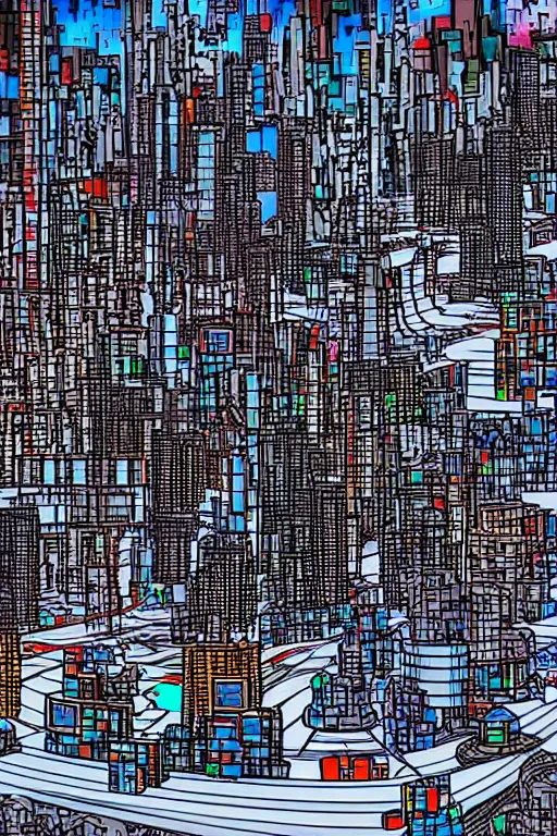 Image similar to drum machines and synththezisers cityscape, modular, in the style of akira, tron, sculpted by gaudi