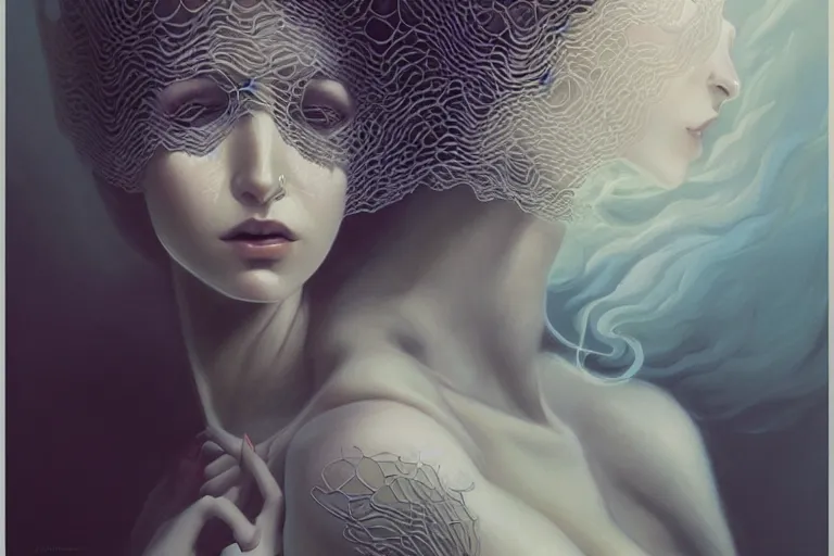 Prompt: portrait of a woman made of lace and smoke, peter mohrbacher, artgerm, James Jean