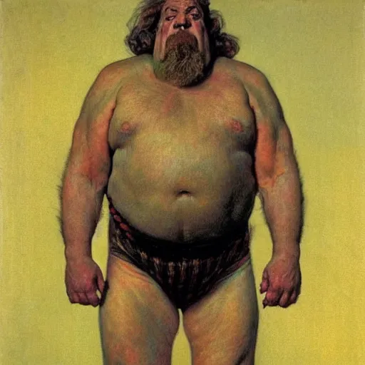 Image similar to upper body portrait of wrestler giant haystacks, by norman rockwell and boris vallejo