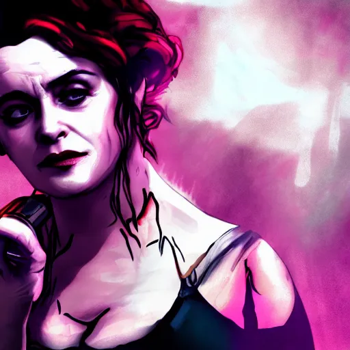 Prompt: helena bonham carter portrait, borderlands, tales from the borderlands, the wolf among us, comic, cinematic lighting, studio quality, 8 k