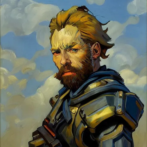 Image similar to greg manchess portrait painting of armored van gogh as overwatch character, medium shot, asymmetrical, profile picture, organic painting, sunny day, matte painting, bold shapes, hard edges, street art, trending on artstation, by huang guangjian, gil elvgren, ruan jia, randy vargas, greg rutkowski