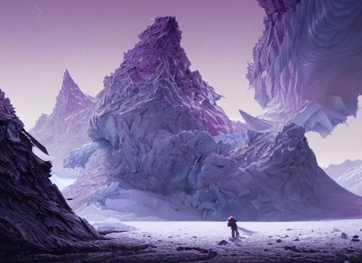 Prompt: detailed intricate digital illustration by greg rutkowski and wlop and sanford robinson gifford ; icy glacier landscape with shards of purple glistening geode sticking up from the ground like mountains, puffy clouds and snow ; 1 3 mm film, arri alfa anamorphic lens ; sharp focus, golden hour lighting, trending on artstation 4 k