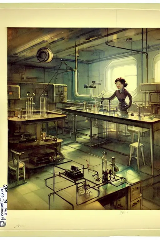 Image similar to ( ( ( ( ( 1 9 5 0 s retro science fiction laboratory interior scene. muted colors. ) ) ) ) ) by jean - baptiste monge!!!!!!!!!!!!!!!!!!!!!!!!!!!!!!