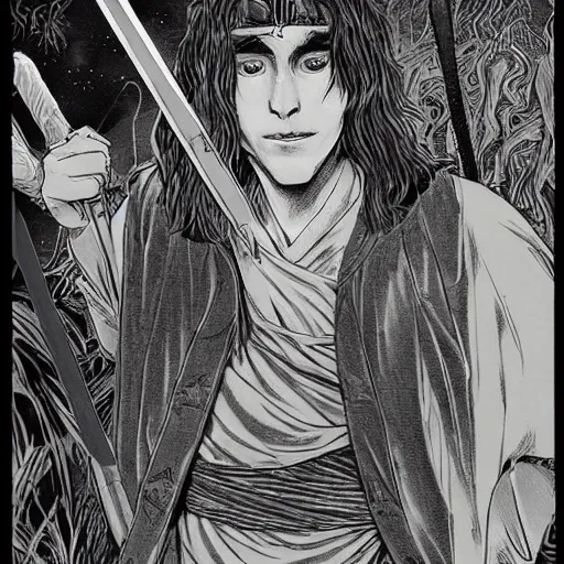 Image similar to attractive 22 year old Jared Leto golden Vagabond magic swordsman glides through a beautiful battlefield magic the gathering dramatic esoteric!!!!!! pen and ink!!!!! illustrated in high detail!!!!!!!! by Hiroya Oku!!!!! Written by Wes Anderson graphic novel published on shonen jump 2002 award winning!!!!