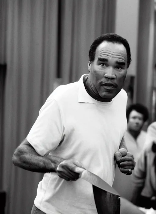 Prompt: norm macdonald running from oj simpson who is carrying a knife, canon 5 d, fuji 8 0 0 3 5 mm, 5 0 mm lens