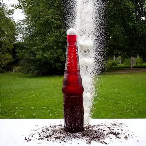 Prompt: a giant diet coke and mentos eruption with fizzy cola