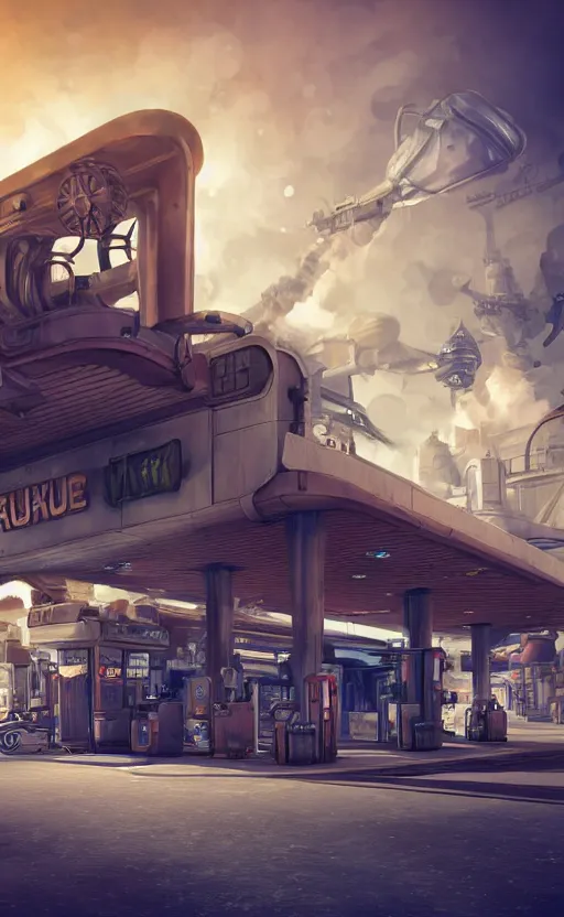 Image similar to steampunk gas station in space, concept art, polished, realistic, hard edges, zoomed in, very coherent, sharp focus, rim light, exquisite lighting, blue gradient, hard edges, sci - fi, cinematic, octane render