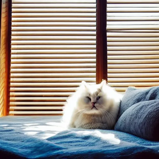 Prompt: An enormous fluffy cat laying on a bed that is barely big enough for it, stretching in the sunshine, soft color palette, sun rays, window blinds half shut