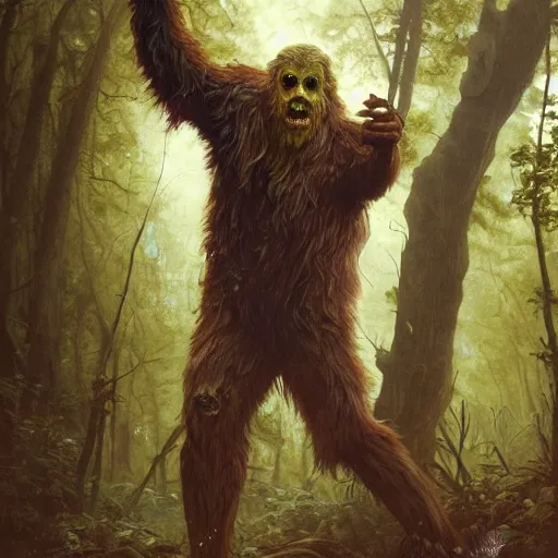 Prompt: zombie bigfoot standing in the woods, intricate, art by artgerm and greg rutkowski and alphonse mucha and william - adolphe bouguereau, high detailed, 4 k,