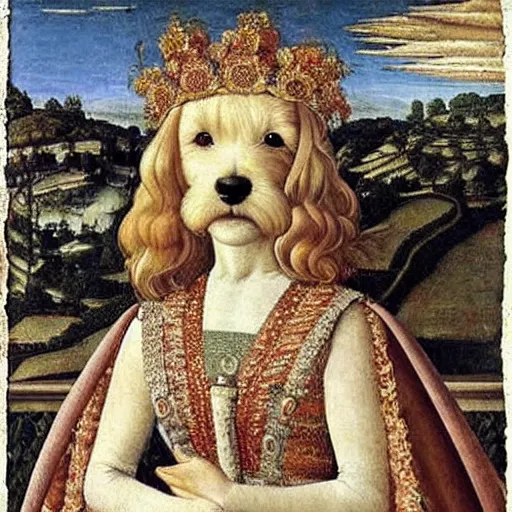 Image similar to portrait of a white labrododdle dog in an italian queen costume, painting by botticelli, 1 4 8 0 s