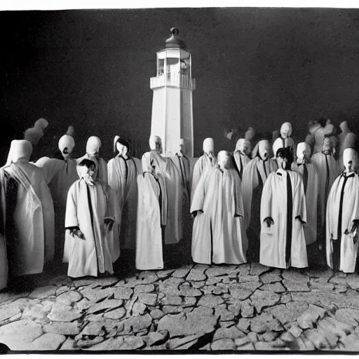 Image similar to worshippers dressed in robes belonging to the cult of the lighthouse. Dilapidated 1800s lighthouse. 1800s photo. Very detailed and clear image.