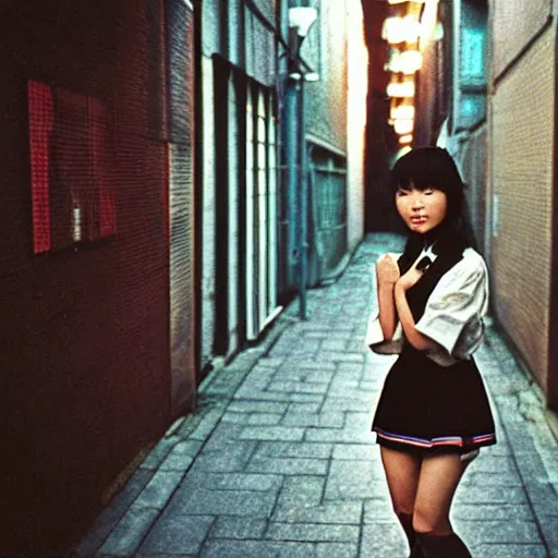 Image similar to 1990s perfect 8K HD professional cinematic photo of close-up japanese schoolgirl posing in sci-fi dystopian alleyway at evening, at instagram, Behance, Adobe Lightroom, with instagram filters, depth of field, taken with polaroid kodak portra