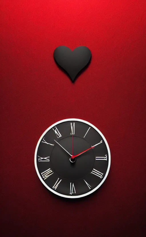 Image similar to a melting Roman numeral clock, behind a red and black gradient background, awith a black heart shaped on the top left corner and a black diamond card shape in the bottom right corner, dynamic lighting, photorealistic fantasy concept art, trending on art station, stunning visuals, cinematic, creative, ultra detailed