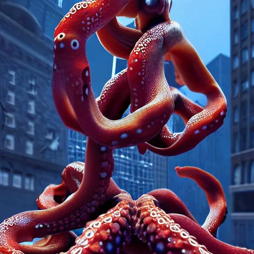 Image similar to hyperrealism simulation of parallel universe highly detailed human octopuses'wearing transperant jackets floating in new - york in surreal scene from art house movie from future by caravaggio rendered blender and octane render