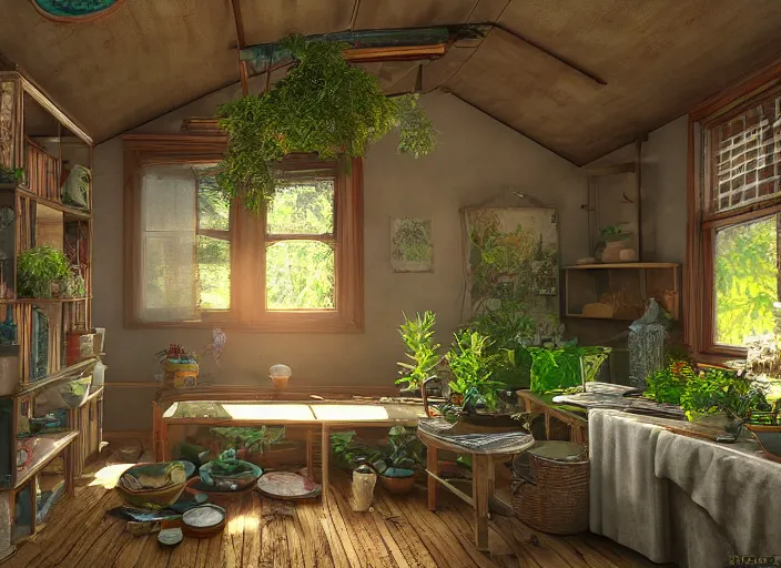 Prompt: interior view of a cluttered herbalist cottage, waxy candles, wood furnishings, herbs hanging, light bloom, dust, ambient occlusion, rays of light coming through windows, oil painting