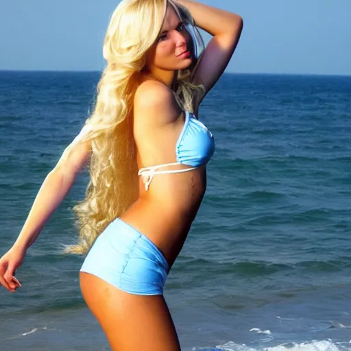Prompt: photograph : a very beautiful young woman with extremely long blond hair, full body photo, extremely long wavy 2 0 meters long blond hair, sky blue eyes, full round face,, bikini, miniskirt, front shot, extremely long thick blond hair