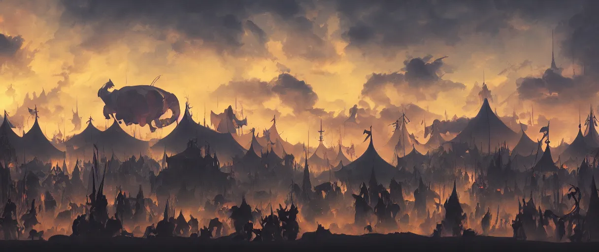 Prompt: beautiful matte painting silhouette of dark colorfull evil circus tents and carnival, powerful sky, Moebius, frank frazetta, james gurney, thomas kinkade, rodney mathews, trending on artstation