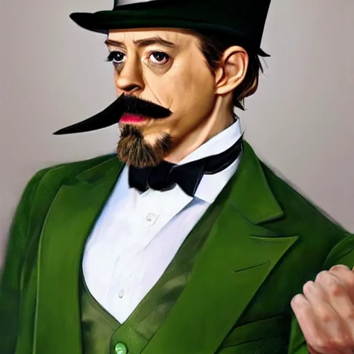 Image similar to hyper realistic portrait painting, beautifully rendered, robert downey jr. as dapper fancy luigi, moustache, wearing a green top hat, green suit and bowtie, smirking deviously, painted by greg rutkowski, wlop, artgerm, dishonored 2