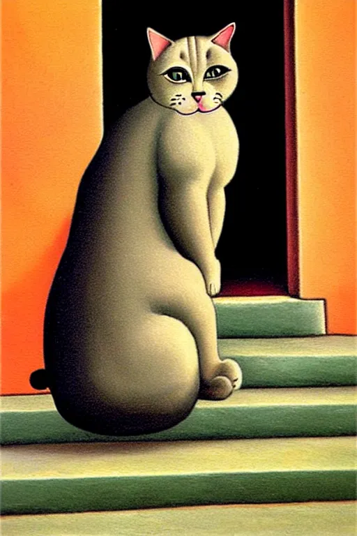 Image similar to a beautiful painting of a cat, sitting on the outside stairs of an house in a characteristic village in the south of Italy, Botero style, postcard, vintage