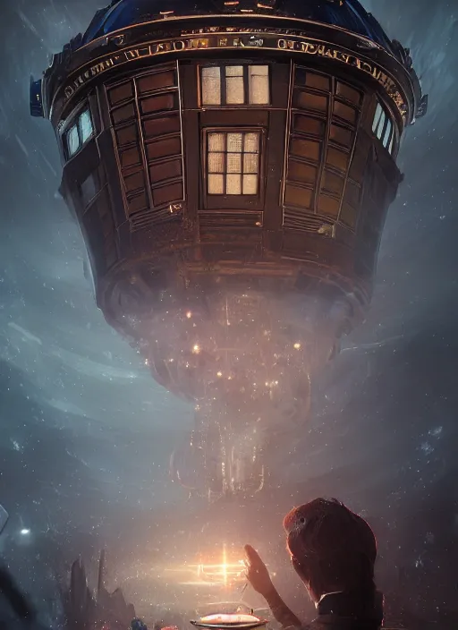 Image similar to A fancy portrait of The tardis by Greg Rutkowski, Sung Choi, Mitchell Mohrhauser, Maciej Kuciara, Johnson Ting, Maxim Verehin, Peter Konig, Bloodborne, 8k photorealistic, cinematic lighting, HD, high details, dramatic, atmospheric , trending on artstation