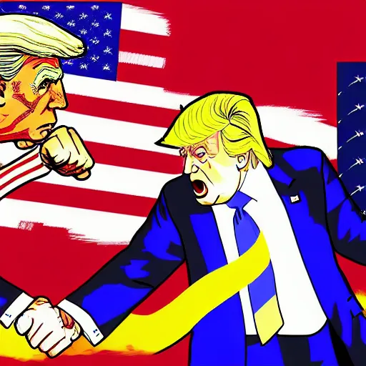 Image similar to joe biden vs donald trump, street fighter, fight, fistfight, digital art