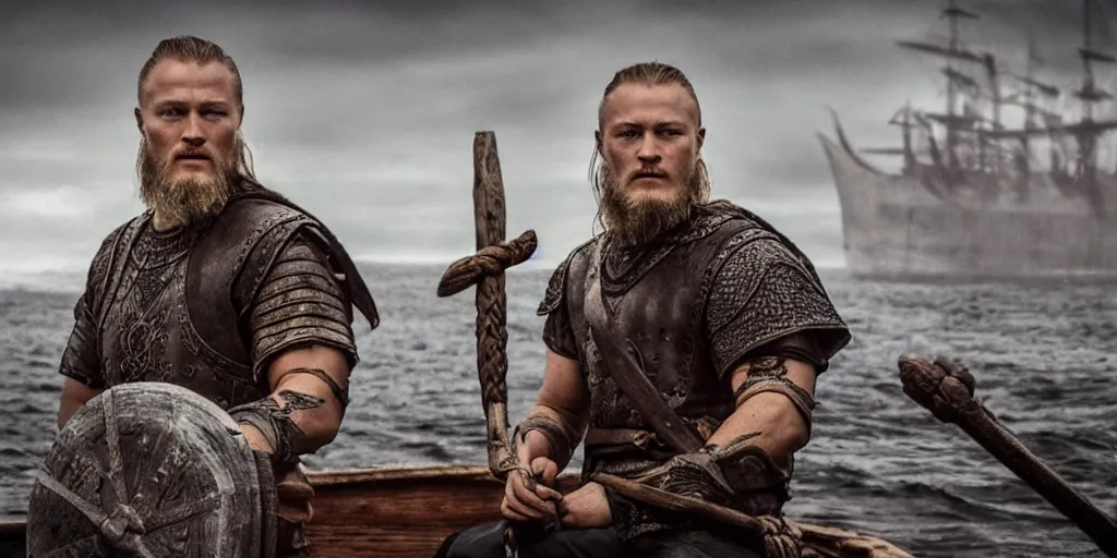 Image similar to ragnar lothbrok in a ship looking for new lands, 8k, ultra realistic