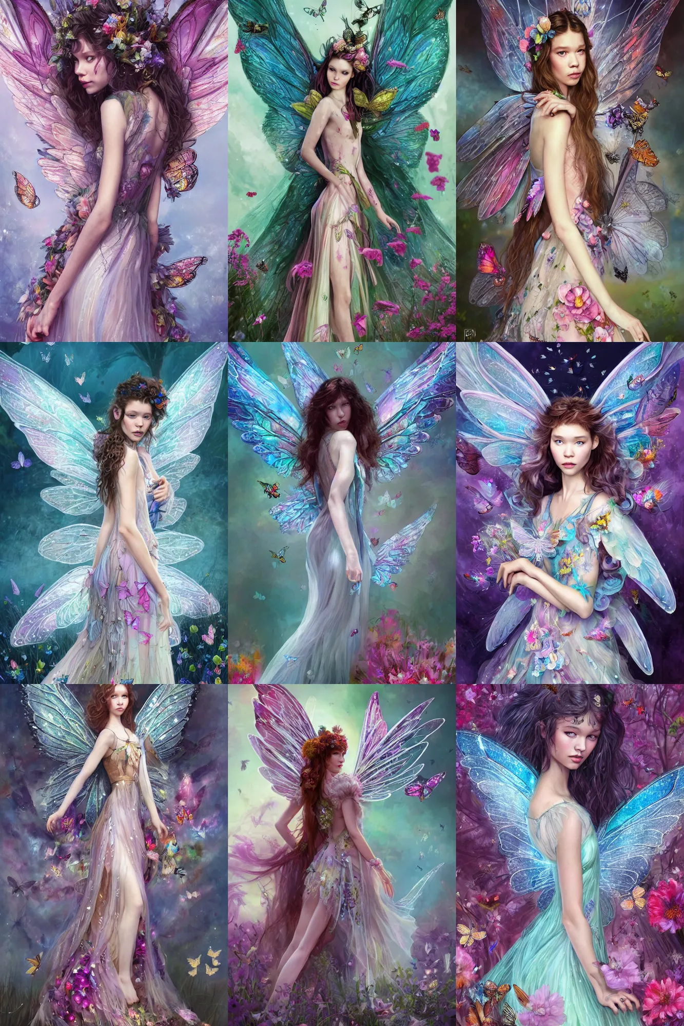 Prompt: astrid berges frisbey as a fairy. large wings grow from her back. she is looking at the camera. digital illustration. wearing a dress made out of flowers and butterflies. trending on art station, low detail, dreamy, vivid colours. in the style of jedd chevrier. in the style of anne stokes. in the style of annie stegg.