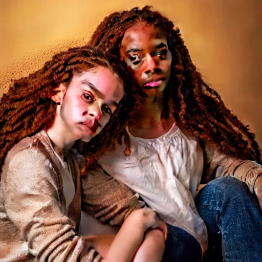 Prompt: intricate beautiful hyperreal portrait of a hermione granger and hermione granger, smiling softly, casual clothes, relaxing on the couch, home interior, golden hour, close up shot, 8 k, art by irakli nadar, hyperrealism, hyperdetailed, ultra realistic